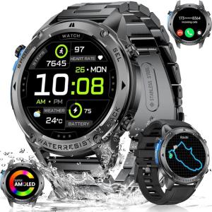 Smart Watch for Men GPS with 5ATM Waterproof, 500mAh Large Battery Military Smartwatch with Compass/Barometer/Altitude, 1,43" AMOLED Mens Fitness Watch Bluetooth Call for Android iOS, Black